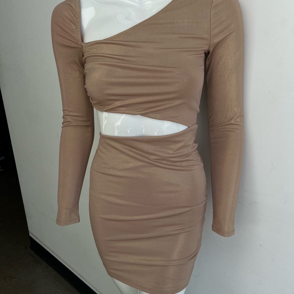 NWT Lovers + friends Gold Tan One Shoulder cut-out mini Dress Size Small